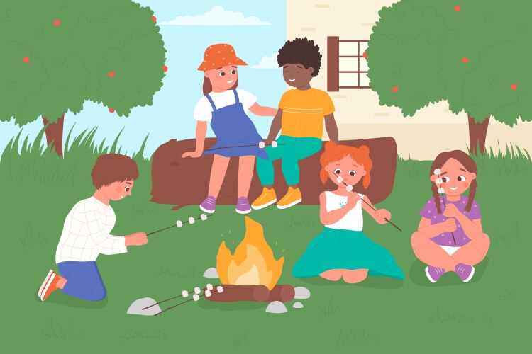 Kids Around Campfire - Marshmallow Roasting Vector Image
