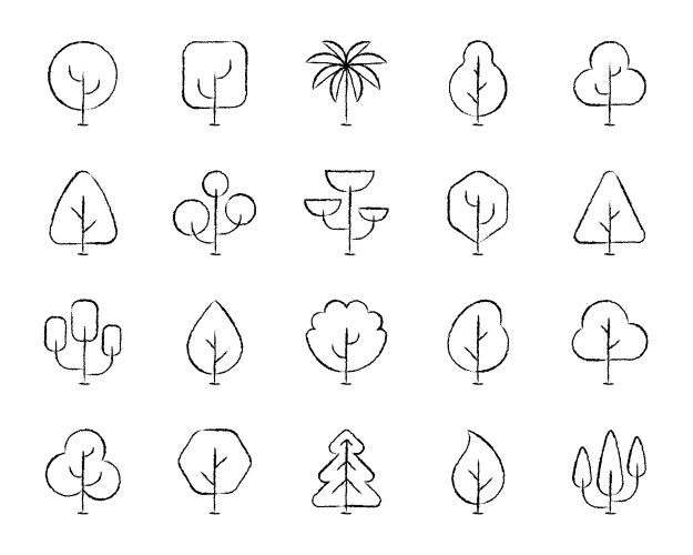 abstract tree charcoal draw line icons set vector image