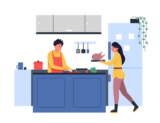 Couple Cooking Together - Turkey Preparation Vector Image