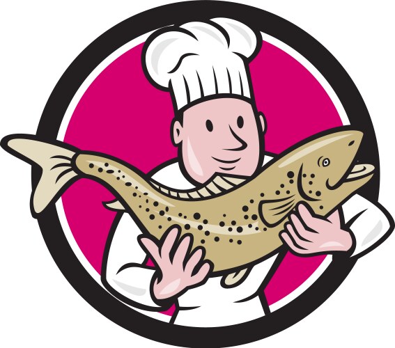 chef cook holding trout fish circle cartoon vector image