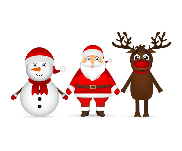 Santa claus with reindeer and a snowman standing Vector Image
