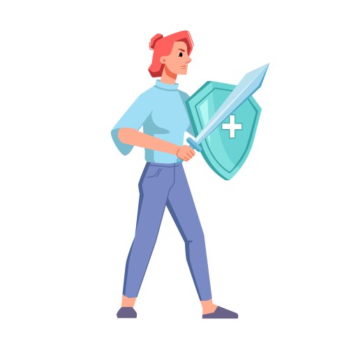 Woman with medical shield and sword fight viruses vector image