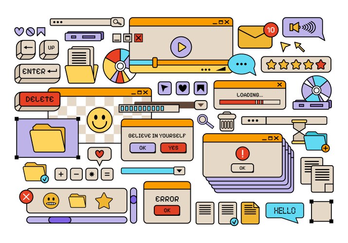Retro style y2k ui and ux windows elements set vector image