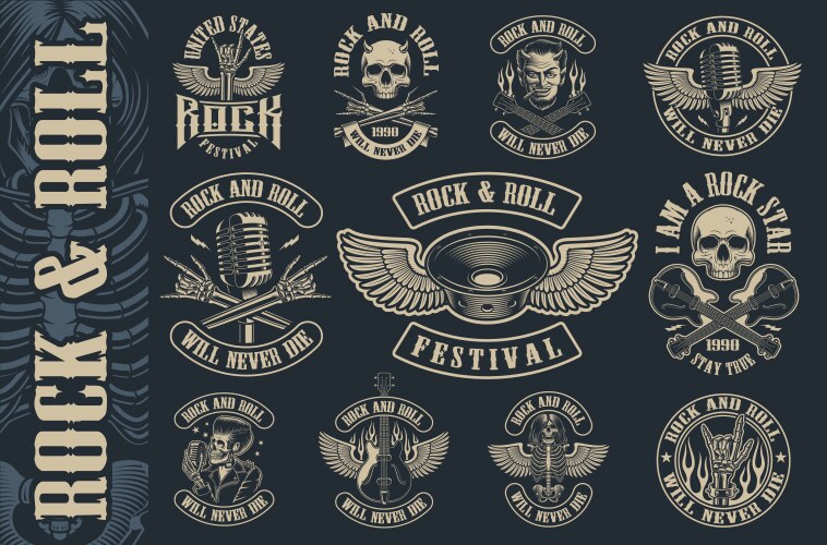 Vintage Rock & Roll Emblems Set Vector Image