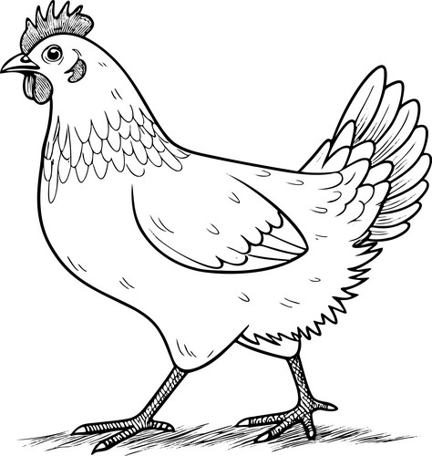 Black and White Hen Line Drawing Vector Image