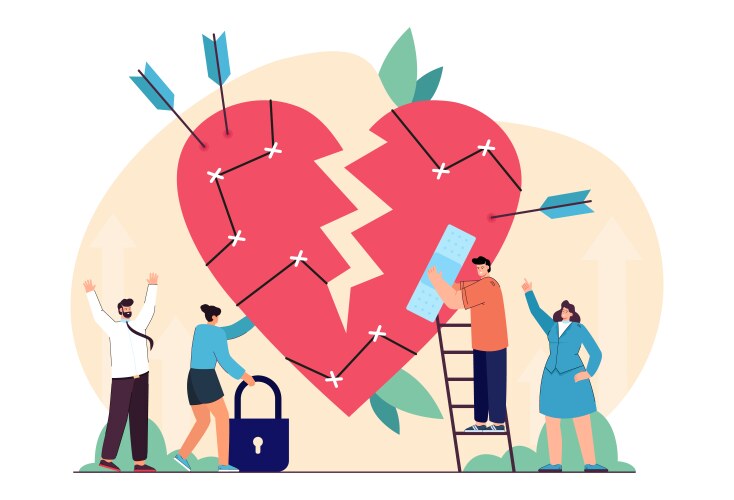 tiny people repairing vulnerable broken heart vector image