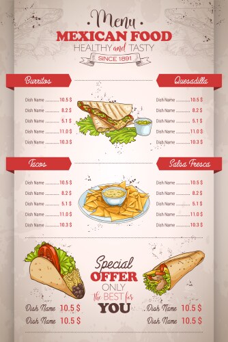 Drawing vertical color mexican food menu Vector Image