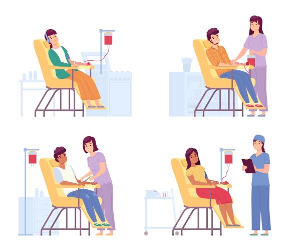 Donors donate blood doctors or nurses monitor vector image