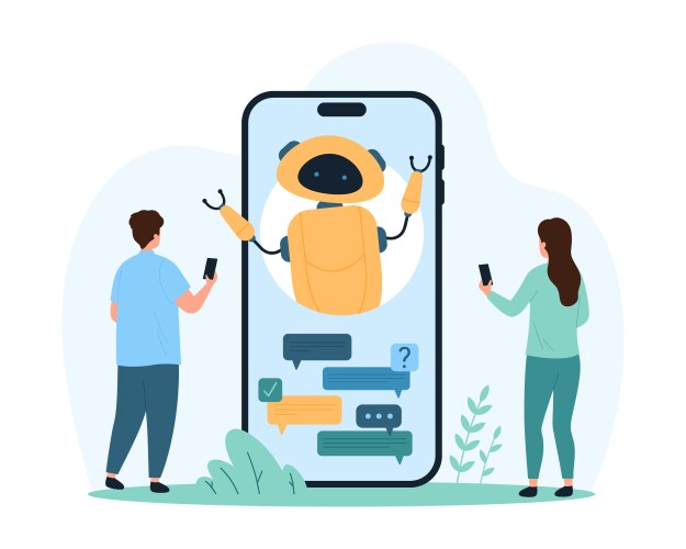 Conversation with chat bot in mobile phone tiny vector image