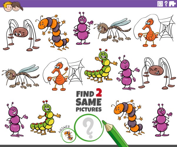 find two same cartoon insects educational game vector image