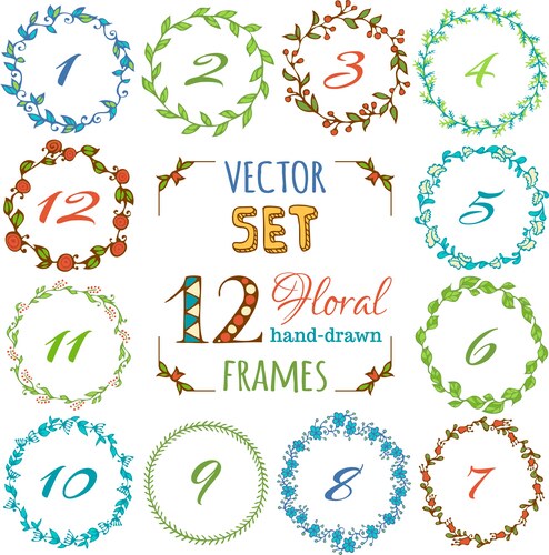 Floral Frame Set - 12 Hand-Drawn Elements Vector Image