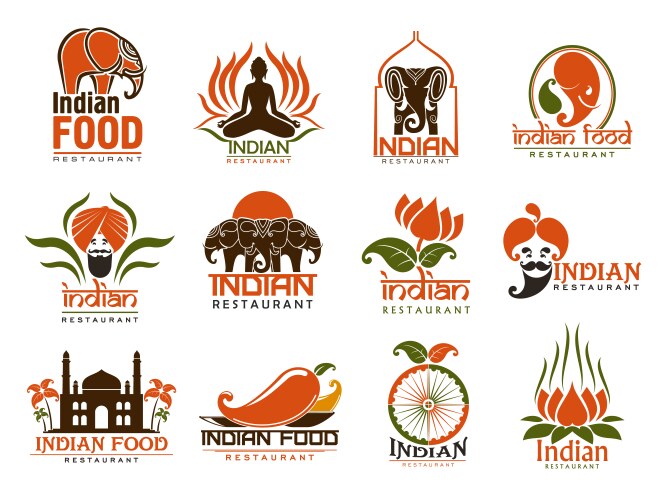 Indian food icons elephants lotus chilli pepper vector image