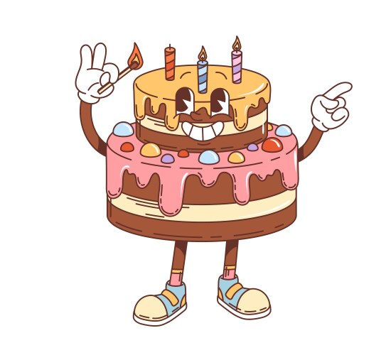 Retro groovy chocolate cake character waving hand Vector Image