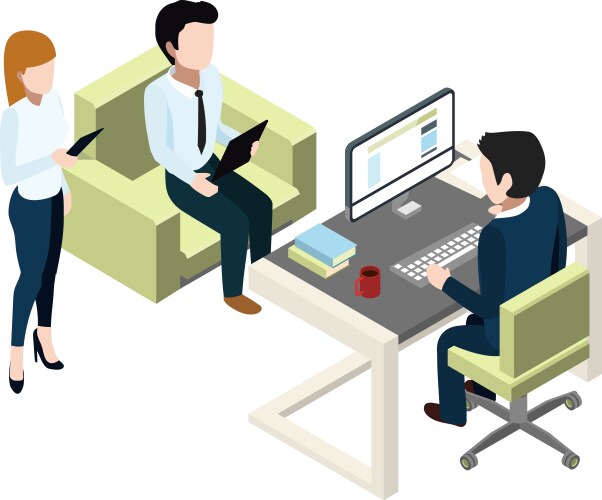 Office workers doing report to manager isometric vector image