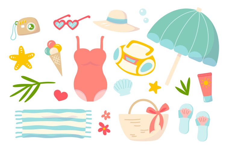 Summer beach cute set design elements Royalty Free Vector