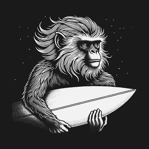 Black & White Monkey Surfer Vector Image