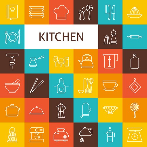 Line art kitchenware and cooking utensils icons Vector Image