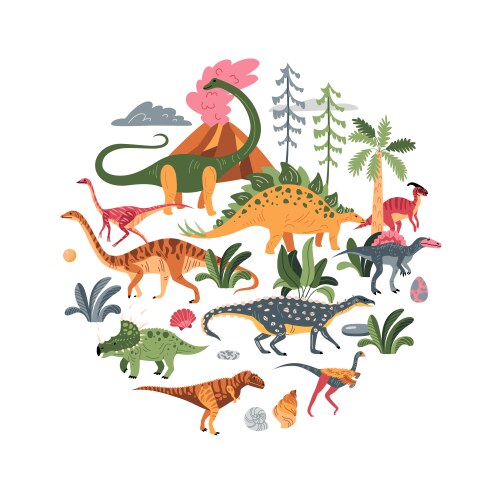 Dinosaur world round composition vector image