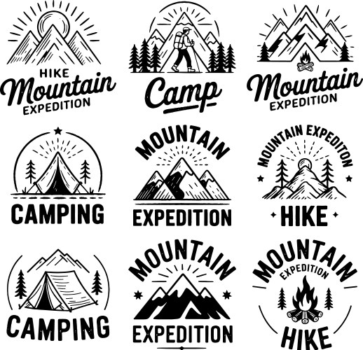 Set of camping hiking mountains outdoor emblems Vector Image
