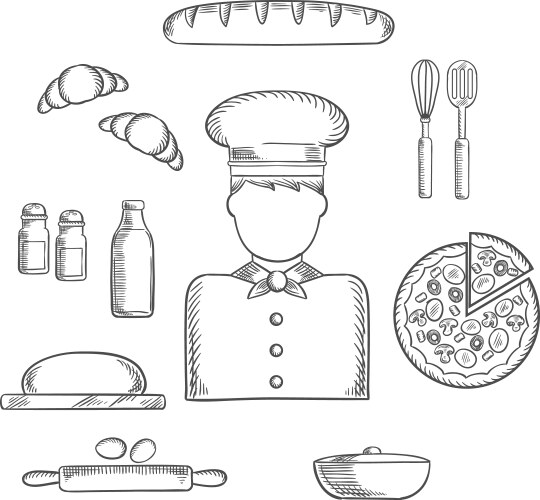 Baker profession and ingredients sketches vector image