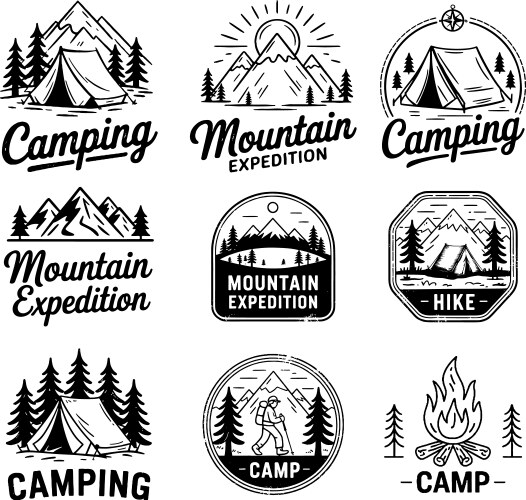 Set of camping hiking mountains outdoor emblems Vector Image