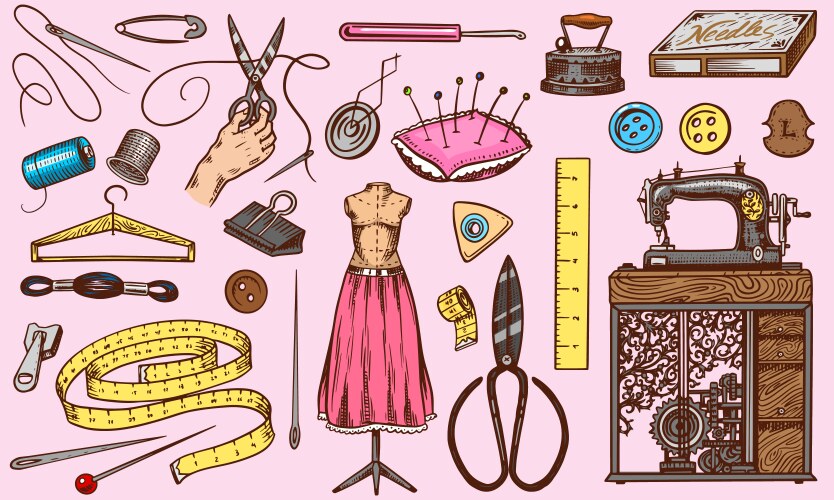 Set sewing tools and elements or materials Vector Image