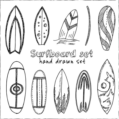 Surfboard hand drawn doodle set isolated elements Vector Image