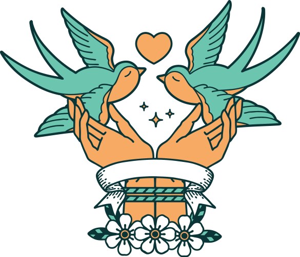 Traditional Swallow & Tied Hands Tattoo Vector Image