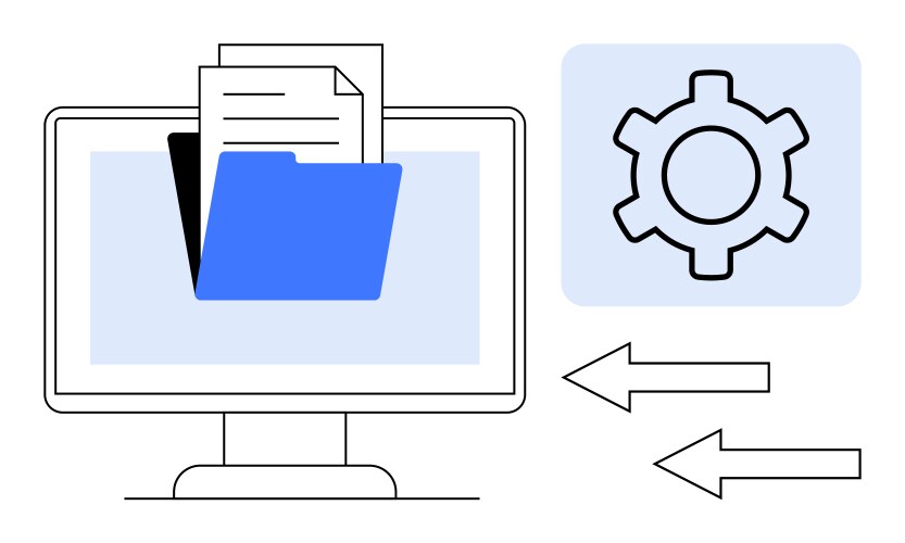 Computer with file folder configuration gear vector image