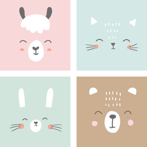 Cute simple animal faces portraits - kawaii vector image