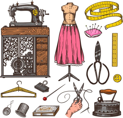 Set sewing tools and materials Royalty Free Vector Image