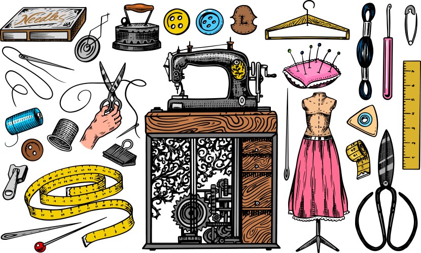 Set sewing tools and elements or materials Vector Image