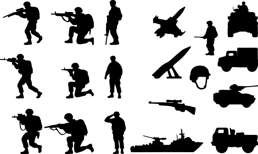 Army soldier and military equipment silhouette Vector Image