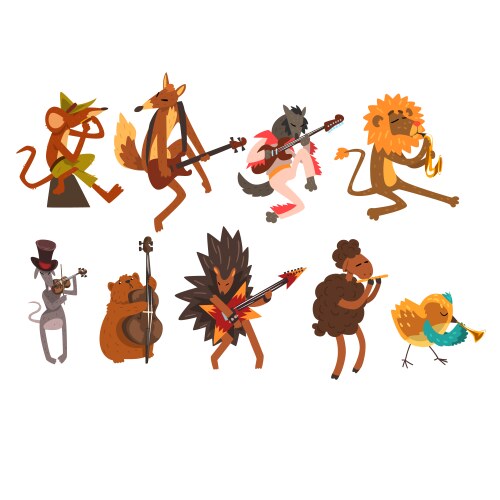Cute Animal Musicians Playing Instruments Vector Image