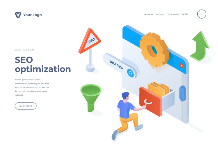 seo optimization isometric landing page template vector image