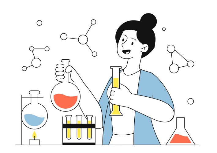 Sticker design with scientist doing experiment Vector Image