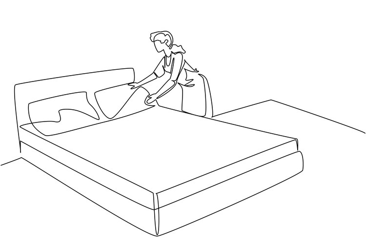 Woman Making Bed - Line Art Vector Image