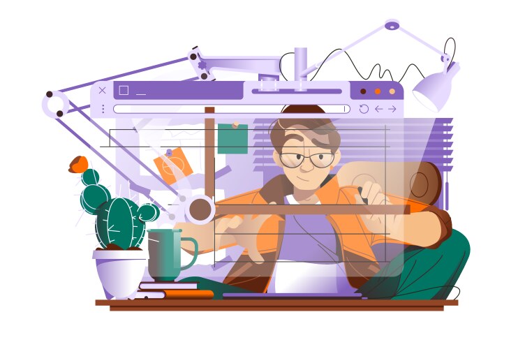 Man working on website or app ui ux design vektorbild