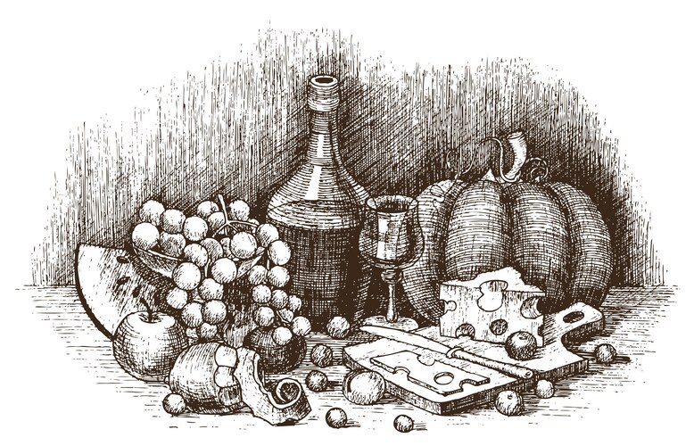 Still life with fruit cheese and wine drawing Vector Image