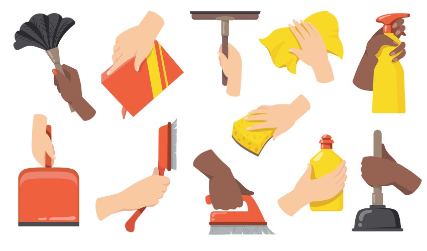 Hands with cleaning tools and cleanser rag Vector Image
