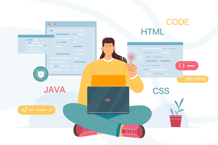 Work of developer and coder with interactive vector image