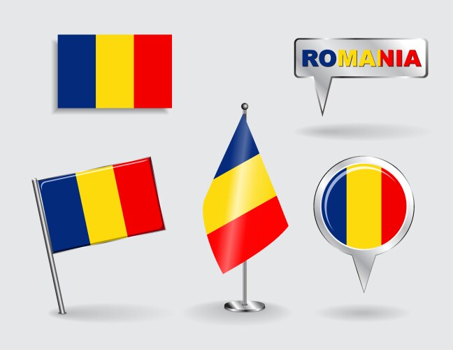 Set of romanian pin icon and map pointer flags vector image
