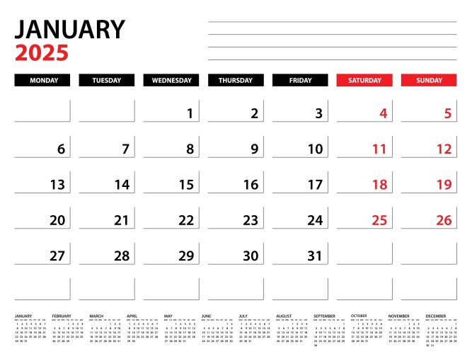 january 2025 year planner template calendar vector image