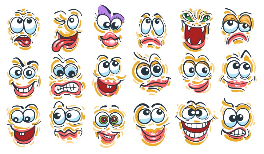 colored cartoon doodle faces emotion collection vector image