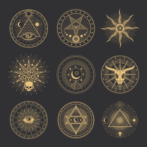 occult pentagrams skull pyramid esoteric symbols vector image