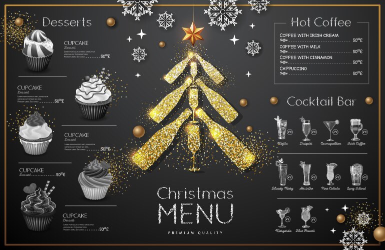 Christmas menu design with golden champagne vector image