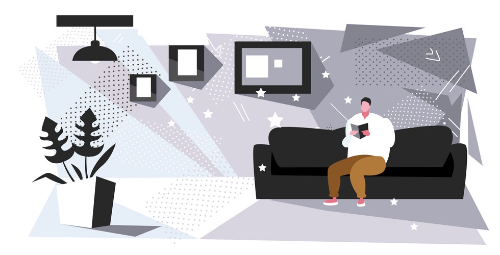 Fat man sitting on couch reading book obese guy Vector Image