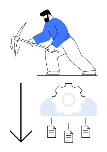 Man mining with pickaxe and data process flow vector image