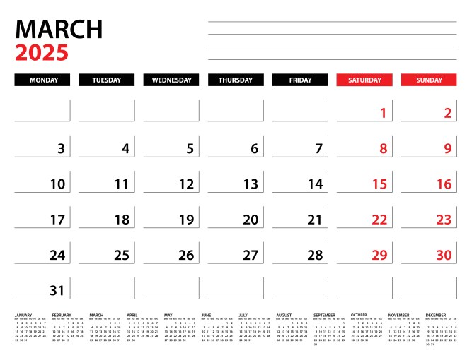 March 2025 year planner template calendar vector image