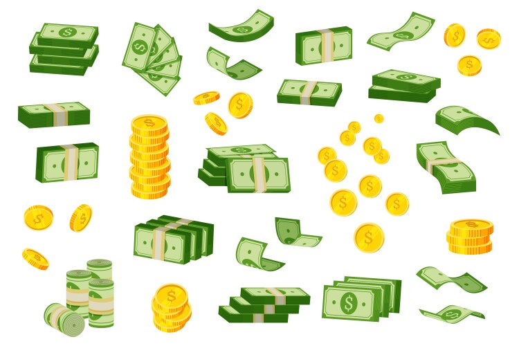 Colorful Coin Stacks & Bills Vector Image